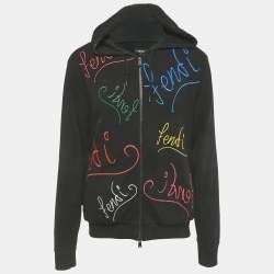 Pre Owned Fendi Black Logo Embroidered Cotton Zip-Up Hoodie XL