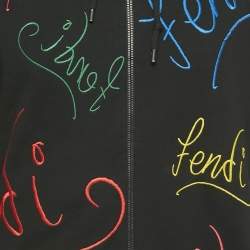 Pre Owned Fendi Black Logo Embroidered Cotton Zip-Up Hoodie XL