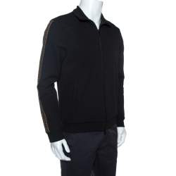 Pre Owned Fendi Black Knit Sleeve Logo Tape Detail Zip Front Jacket M