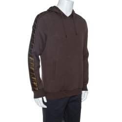 Pre Owned Fendi Brown Wool Blend Logo Tape Trim Hooded Sweatshirt M