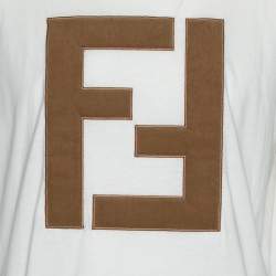 Pre Owned Fendi Off White Cotton Knit Appliquéd Logo Crew Neck T-Shirt M