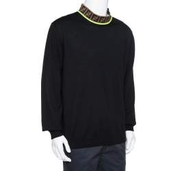 Pre Owned Fendi Black Wool Zucca Logo Collar Detail Jumper 3XL