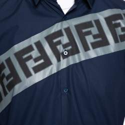 Pre Owned Fendi Navy Blue Cotton Diagonal Logo Printed Button Front Shirt M