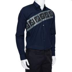 Pre Owned Fendi Navy Blue Cotton Diagonal Logo Printed Button Front Shirt M