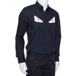 مملوكة مسبقًا Fendi Navy Blue Cotton Monster Eye Applique Detail Button Front Shirt L