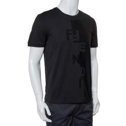 مملوكة مسبقًا Fendi Black Cotton Logo Detail Crewneck T-Shirt M