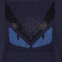 Pre Owned Fendi Navy Blue Cotton Crystal Monster Embellished Crewneck T-Shirt M