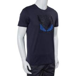Pre Owned Fendi Navy Blue Cotton Crystal Monster Embellished Crewneck T-Shirt M
