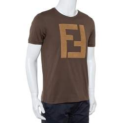 Pre Owned Fendi Brown Cotton Logo Applique Crewneck T-Shirt L