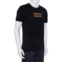 Pre Owned Fendi Black Cotton Logo Embroidered Crewneck T-Shirt L