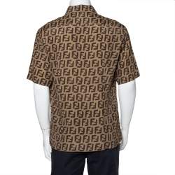 Pre Owned Fendi Brown Silk All Over Logo Printed Short Sleeve Shirt M