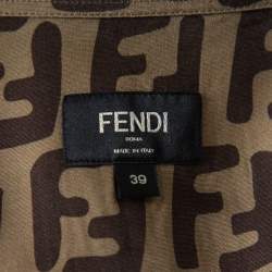 Pre Owned Fendi Brown Silk All Over Logo Printed Short Sleeve Shirt M