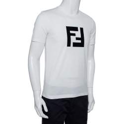 Pre Owned Fendi White Logo Patched Cotton Crewneck T-Shirt S