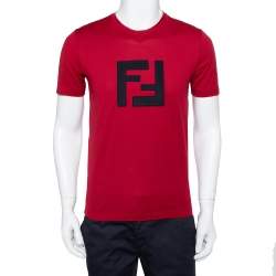 Pre Owned Fendi Burgundy Logo Patch Cotton Crewneck T-Shirt S