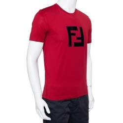 Pre Owned Fendi Burgundy Logo Patch Cotton Crewneck T-Shirt S
