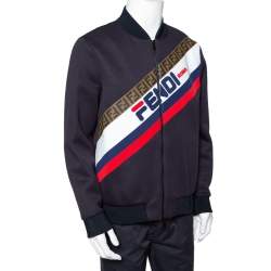 Fendi Midnight Blue Neoprene Logo Printed Bomber Jacket L