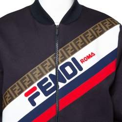Fendi Midnight Blue Neoprene Logo Printed Bomber Jacket L
