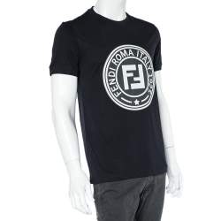 Pre Owned Fendi Navy Blue Logo Printed Cotton Knit Crewneck T-Shirt M