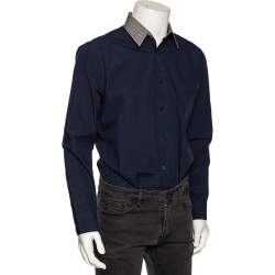مملوكة مسبقًا Fendi Navy Blue Cotton Zucca Monogram Collar Detail Shirt XL