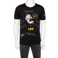 Pre Owned Fendi Black Cotton Monster Logo Appliqued Short Sleeve T-Shirt L 
