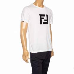 Fendi White Cotton Knit Logo Print Detail T-Shirt L