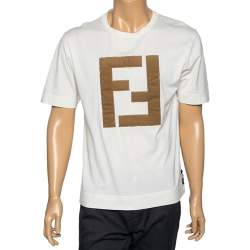 Fendi Off White Cotton Embroidered Logo Appliqued T-Shirt M