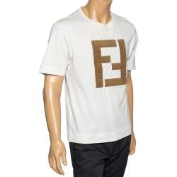 Fendi Off White Cotton Embroidered Logo Appliqued T-Shirt M