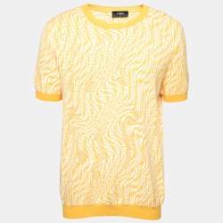 Fendi Yellow FF Vertigo Motif Pointelle Knit Short Sleeve Jumper XXL 