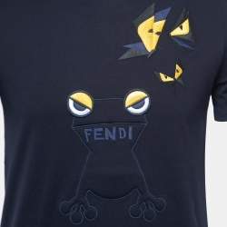 مملوكة مسبقًا Fendi Navy Blue Frog & Butterfleyes Cotton Crew Neck T-Shirt M