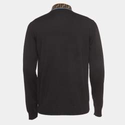 Pre Owned Fendi Black Wool Logo Collar Detail Jumper L