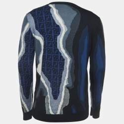 Pre Owned Fendi Blue Earth Intarsia Cotton Knit Crew Neck Sweatshirt L