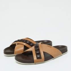 Pre Owned Fendi Brown/Beige Crisscross Leather Flat Slides Size 41