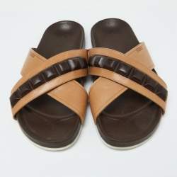 Pre Owned Fendi Brown/Beige Crisscross Leather Flat Slides Size 41