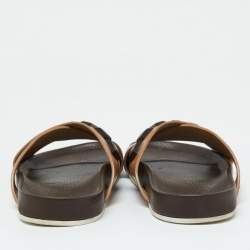 Pre Owned Fendi Brown/Beige Crisscross Leather Flat Slides Size 41