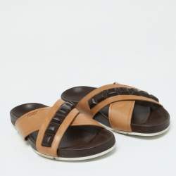 Pre Owned Fendi Brown/Beige Crisscross Leather Flat Slides Size 41