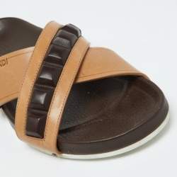 Pre Owned Fendi Brown/Beige Crisscross Leather Flat Slides Size 41
