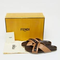 Pre Owned Fendi Brown/Beige Crisscross Leather Flat Slides Size 41