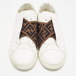 Fendi White/Brown Leather and Zucca Elastic Band Slip On Sneakers Size 44