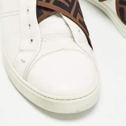 Fendi White/Brown Leather and Zucca Elastic Band Slip On Sneakers Size 44