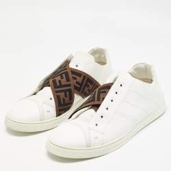 Fendi White/Brown Leather and Zucca Elastic Band Slip On Sneakers Size 44