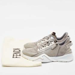 Fendi Grey Leather and  Zucca Canvas Flow Sneakers Size 42
