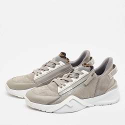 Fendi Grey Leather and  Zucca Canvas Flow Sneakers Size 42