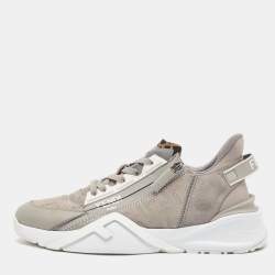 Fendi Grey Leather and  Zucca Canvas Flow Sneakers Size 42