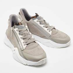 Fendi Grey Leather and  Zucca Canvas Flow Sneakers Size 42
