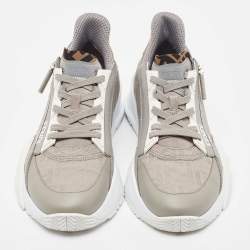 Fendi Grey Leather and  Zucca Canvas Flow Sneakers Size 42