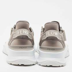 Fendi Grey Leather and  Zucca Canvas Flow Sneakers Size 42