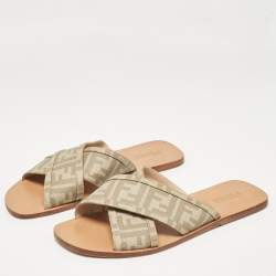 Fendi Beige FF Canvas Crisscross Flat Slides Size 43