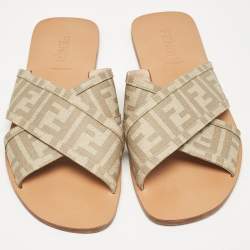 Fendi Beige FF Canvas Crisscross Flat Slides Size 43