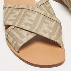 Fendi Beige FF Canvas Crisscross Flat Slides Size 43