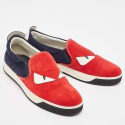 Fendi Red Leather and Suede Monster Slip On Sneakers Size 44